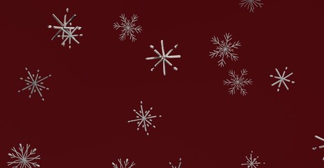 Digitally rendered snowflakes in a modern, minimalistic design, falling gracefully against a deep red backdrop, perfect for festive seasonal pro