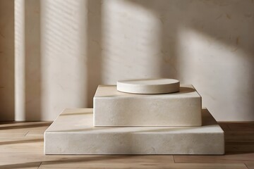 Minimalist Tiered Stone Pedestal with Soft Sunlight Shadows in Modern Neutral Interior