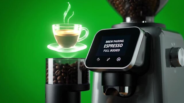A coffee machine displays an espresso option with a cup of coffee and beans - Powered by Adobe