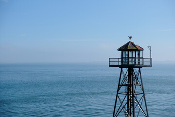A Prison or military Watchtower at the famous island prison of Alcatraz in the California Bay Area.