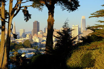 The view from Alamo Square park in San Francisco overlookign the famous Painted Ladies houses and the Financial district and city