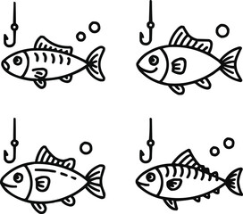 Kids’ Doodle Fish Outline Icon Collection Funky Crayon Style Inspired