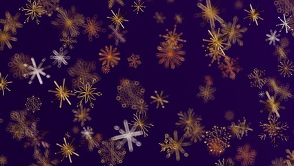 Abstract gold snowflakes on a dark purple background. Perfect for winter holiday designs, Christmas cards, and festive backgrounds. Great for de