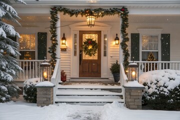 Naklejka premium Snowy Front Porch Decorated Door Wreaths & Garlands