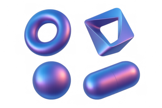 Iridescent geometric 3d shapes floating, abstract fluid liquid gradient forms, transparent background