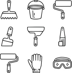 Plastering and Repair Outline Icon Pack  Wet Sponge, Stucco Tools, and Construction Details
