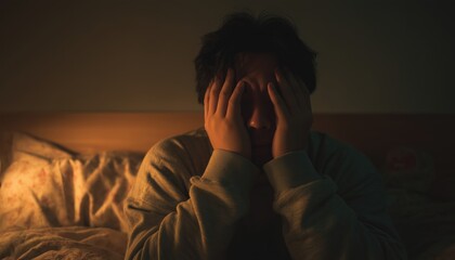 Exhausted Asian Man With Insomnia Massaging Eyes And Covering Face, Overwhelmed By Disrupted Sleep In Bedroom At Night.