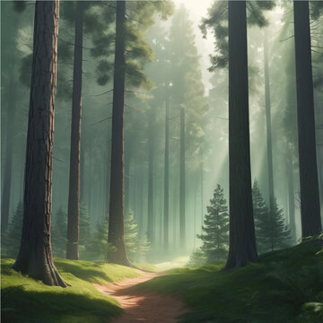 Green Forest with Sunlight Rays &ndash; Nature Background (Generative AI)