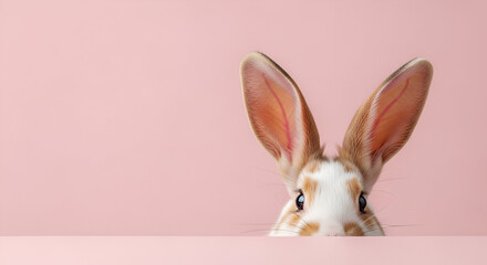 Obraz premium Cute Bunny Peeking Over a Pink Surface rabbit adorable