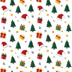 Festive Christmas holiday seamless pattern background with cheerful winter elements including green trees, red Santa hats, colorful gift boxes, and sparkling golden stars, ideal for seasonal designs