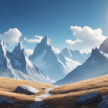 Peaceful Mountain Landscape under Blue Sky &ndash; AI Generated Background
