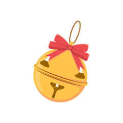 Cute golden jingle bell with red ribbon. Festive Christmas vector illustration perfect for holiday cards, invitations, decorations, and winter design projects.