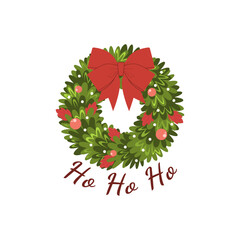 Colorful Christmas wreath with red bow and “Ho Ho Ho” lettering. Perfect for holiday cards, invitations, decorations, and festive winter designs.