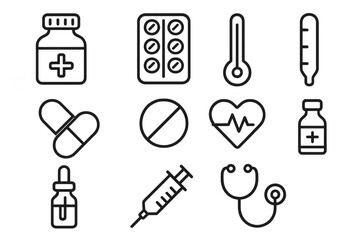 Medical and healthcare line icons collection featuring various medicine and hospital related objects. Transparent background