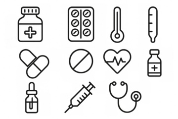 Medical and healthcare line icons collection featuring various medicine and hospital related objects. Transparent background