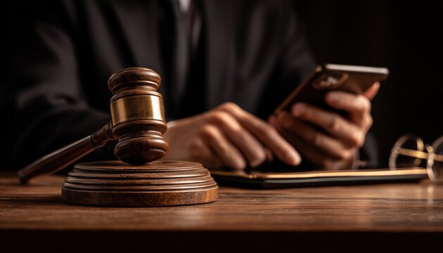Male Judge In Courtroom Using Gavel, Smartphone, Tablet, Keyboard, And Eyeglasses On Wooden Table For Justice And Law Proceedings. - Powered by Adobe