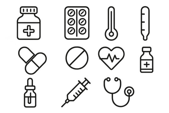 Medical and healthcare line icons collection featuring various medicine and hospital related objects. Transparent background