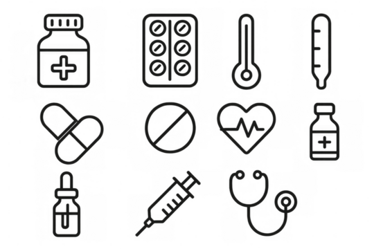 Medical and healthcare line icons collection featuring various medicine and hospital related objects. Transparent background