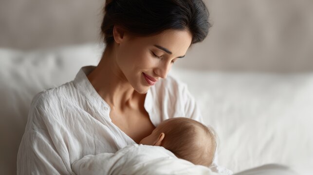 Loving mother feeding her baby with breast milk while resting on bed, home environment, calm and tender moment