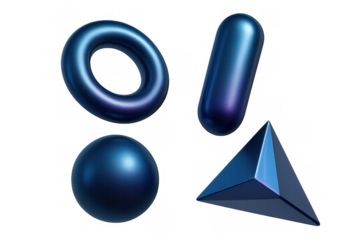 Blue and purple metallic rendering of different geometric figures: a torus, capsule, sphere, and pyramid creating an abstract modern design