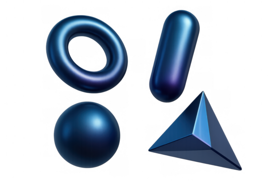 Blue and purple metallic rendering of different geometric figures: a torus, capsule, sphere, and pyramid creating an abstract modern design