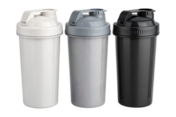 Three plastic protein shaker bottles in white, gray, and black are isolated on a transparent background.