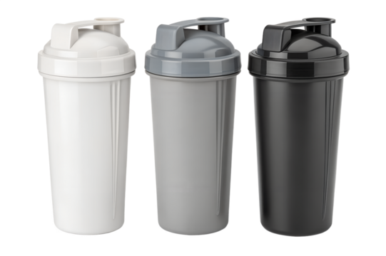 Three plastic protein shaker bottles in white, gray, and black colors stand perfectly isolated, prepared for placement on any transparent background.