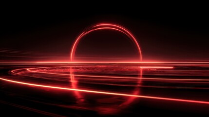 3D digital render of red light trails forming circular motion, glowing intensely with a futuristic, high-energy aesthetic
