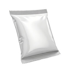 A simple white blank glossy sealed plastic pouch floats freely, isolated on a clear transparent background, ready for content design.