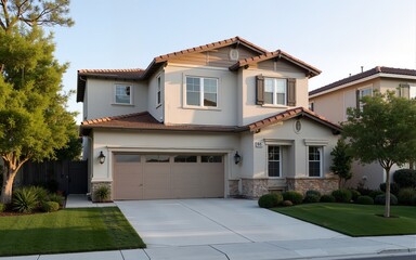 Modern suburban lifestyle in California showcasing a typical single-family tract home with built-in garage emphasizing community living and family dynamics in a serene neighborhood setting
