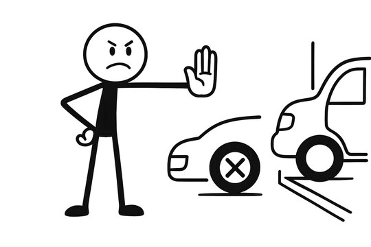 Stickman extends his hand and makes a stop gesture. , protesting against inappropriate parking. Cartoon doodle character isolated