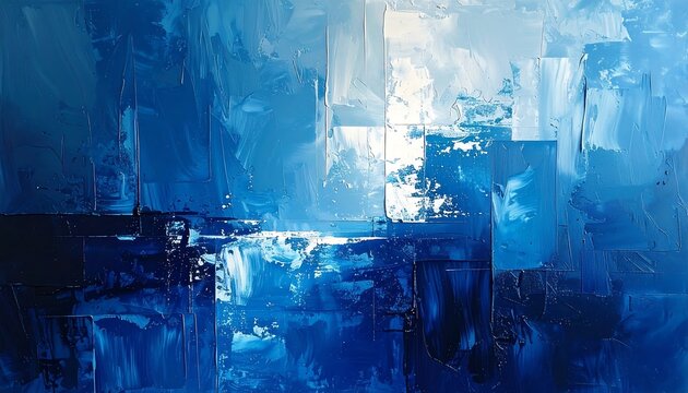 Abstract painting in varying shades of blue. Textured strokes create a sense of depth, suggesting a landscape or sky