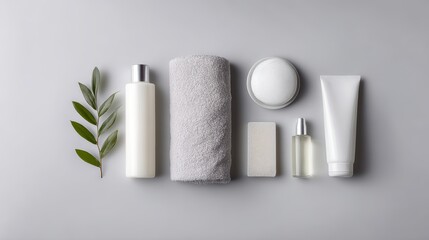 Spa essentials and skincare flat lay, clean gray background, minimal aesthetic.