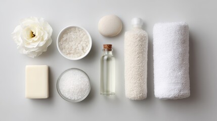 Collection of natural spa products arranged neatly, promoting relaxation and body care.