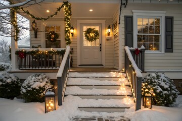 Obraz premium Front Porch Entrance Snow Christmas Lights