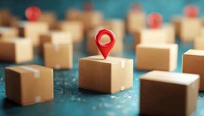 Efficient Logistics Management With Cardboard Boxes, Red Position Pin, And Route Optimization Algorithm In Transportation And Warehouse Storage Operations.