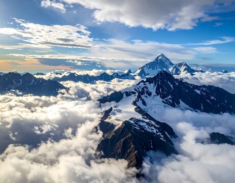 An aerial landscape of a majestic mountain range, the peaks covered in snow. Clouds wrap the base with a clear blue sky