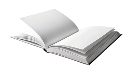 An open book with many blank white pages lies empty, ready for text, perfectly isolated on a clean transparent background.