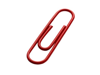 This single shiny red paperclip is angled upwards, showing its classic metal curve, perfectly isolated on a bright transparent background.