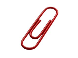 This single shiny red paperclip is angled upwards, showing its classic metal curve, perfectly isolated on a bright transparent background.