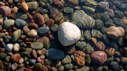 Close-up of clear water over smooth, colorful pebbles on a lakebed. Light shimmers, revealing detail and texture