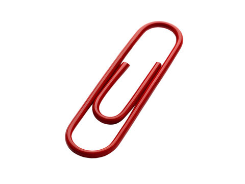 This single shiny red paperclip is angled upwards, showing its classic metal curve, perfectly isolated on a bright transparent background.