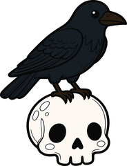 Halloween Cute Illustration, Crow is sitting on Scull. October holiday Clip Art.