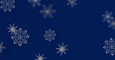 Abstract festive design with silver snowflakes on a rich blue backdrop. Perfect for seasonal greetings and winter holiday projects.