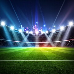 Football Stadium &ndash; Modern Sports Arena with Bright Lights and Green Field for Match, Tournament, and Event Promotion Design