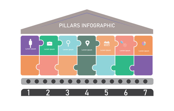 Print Business strategy, pillars infographic, strategic planning, puzzle pieces, teamwork, problem solving, corporate identity, foundation, presentation template, data visualization, vector illustrati