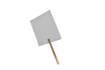 A blank white textured rectangular sign, attached to a golden stick, is displayed at an angle, fully isolated on a transparent background.