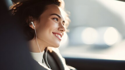 Young female driver with cheerful expression, listening to music in car, feeling joyful and content during travel