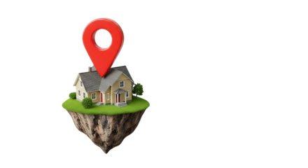 Miniature house on a floating island with a red location pin marker, isolated on a white or transparent background, cutout, PNG