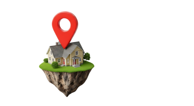 Miniature house on a floating island with a red location pin marker, isolated on a white or transparent background, cutout, PNG
